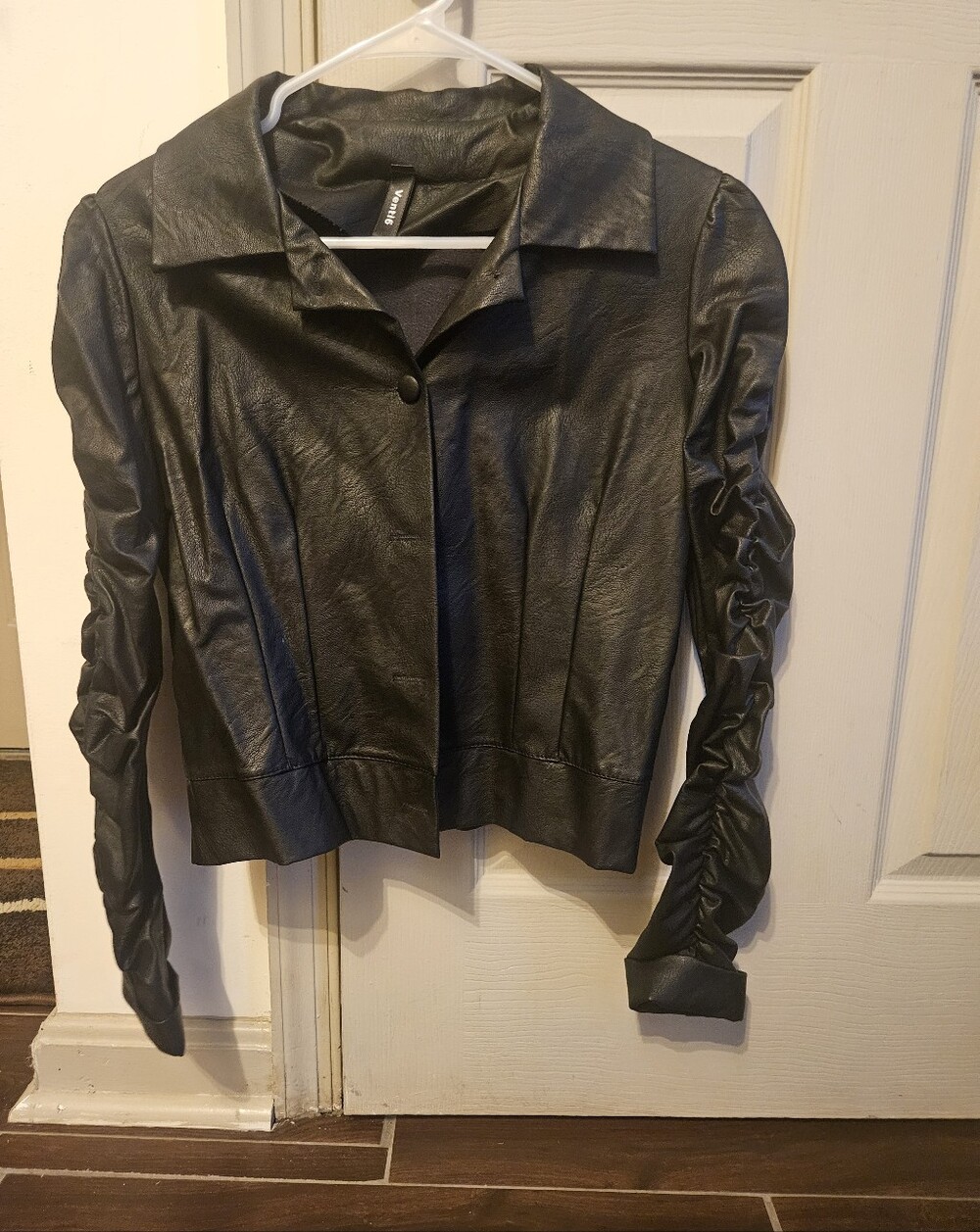 Faux Leather Black Jacket with Ruched Sleeves
